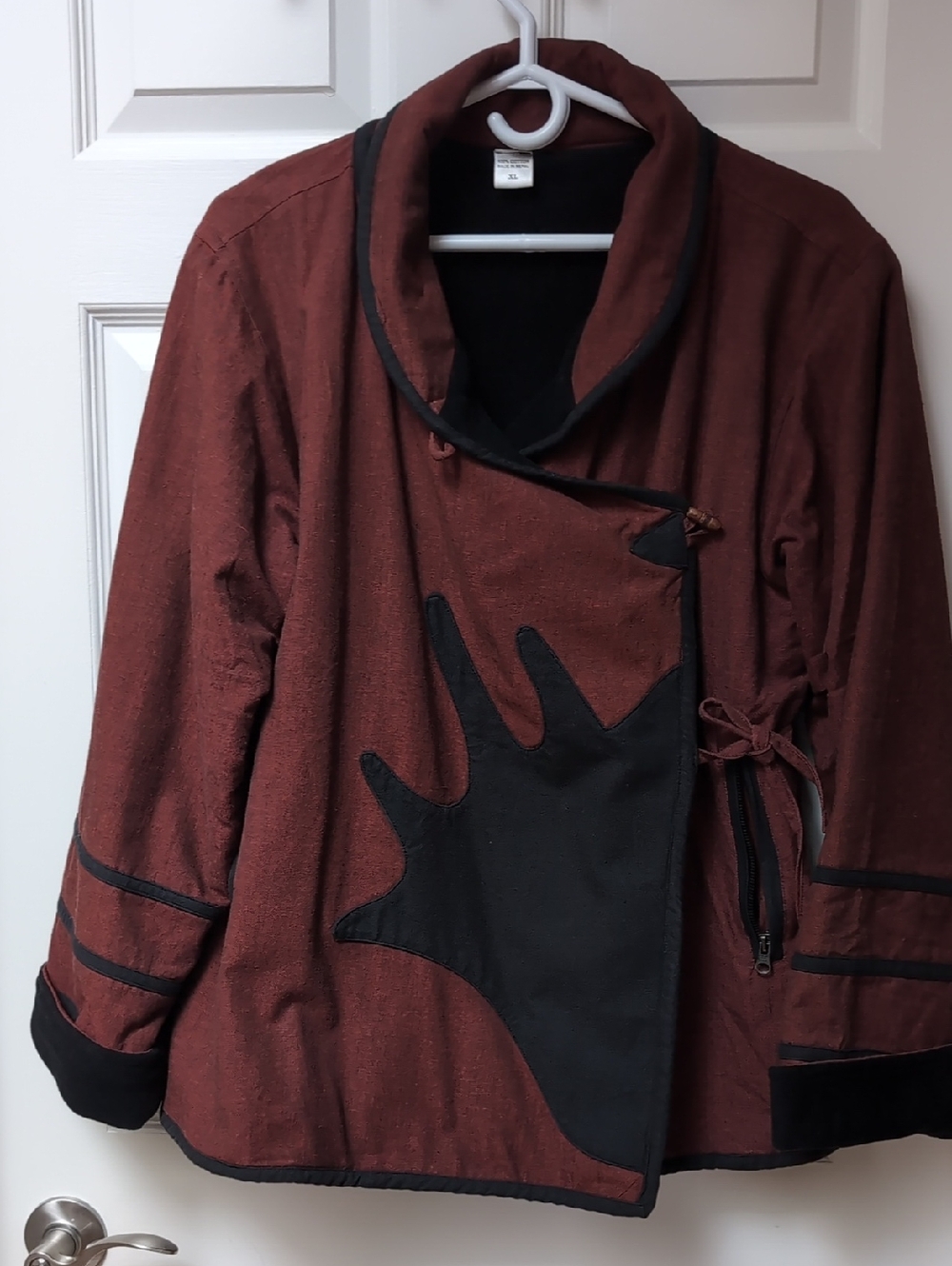 Women's Rust Red Asymmetric Jacket with Black Trim